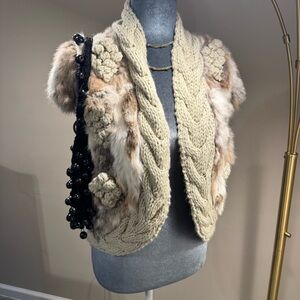 Love Token Rabbit Fur & Chunky Cable Knit Vest Leopard Print Lining | Boho Glam